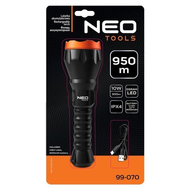 NEO Tools įkraunamas žibintuvėlis, 500 lm, Osram P9 LED, 4000 mAh