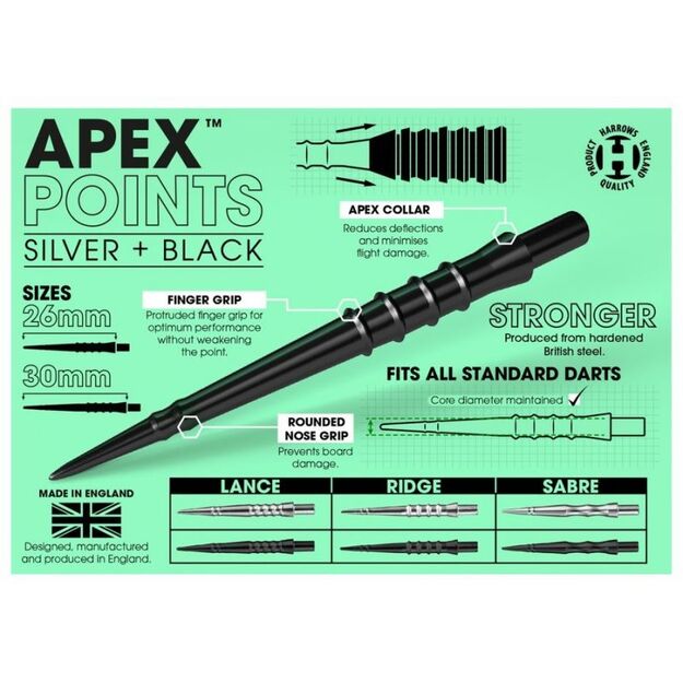 Harrows Apex Sabre grūdinto plieno smiginio antgaliai 1