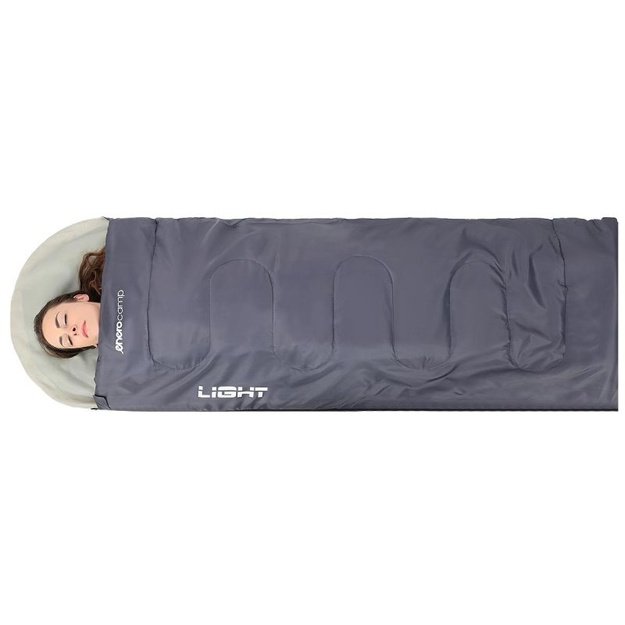 Enero Camp Light turistinis antklodės tipo miegmaišis su gobtuvu 200 × 70 cm, pilkas