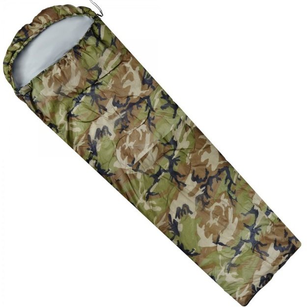 ENERO CAMP CAMO TOURIST mumijos formos turistinis miegmaišis su kompresiniu maišu 210 × 80 × 50 cm, kamufliažinis