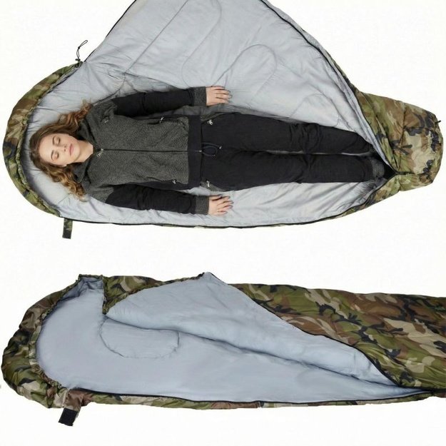 ENERO CAMP CAMO TOURIST mumijos formos turistinis miegmaišis su kompresiniu maišu 210 × 80 × 50 cm, kamufliažinis