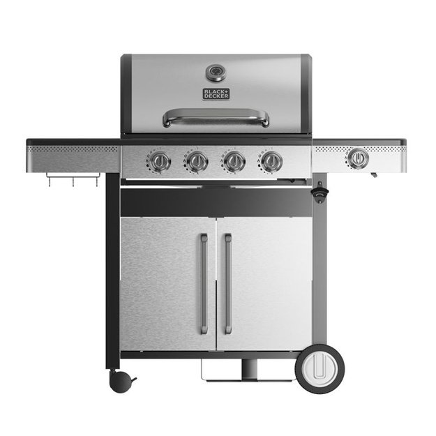 Dujinis grilis Black+Decker – 4 degiklių BBQ grilis su šoniniu degikliu ir dangčiu
