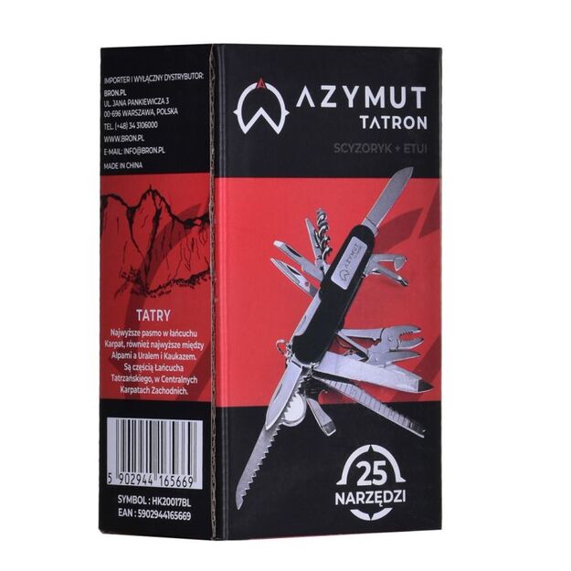 AZYMUT Tatron daugiafunkcis kišeninis peilis su 25 įrankiais ir dėklu, 90mm black ( HK20017BL )