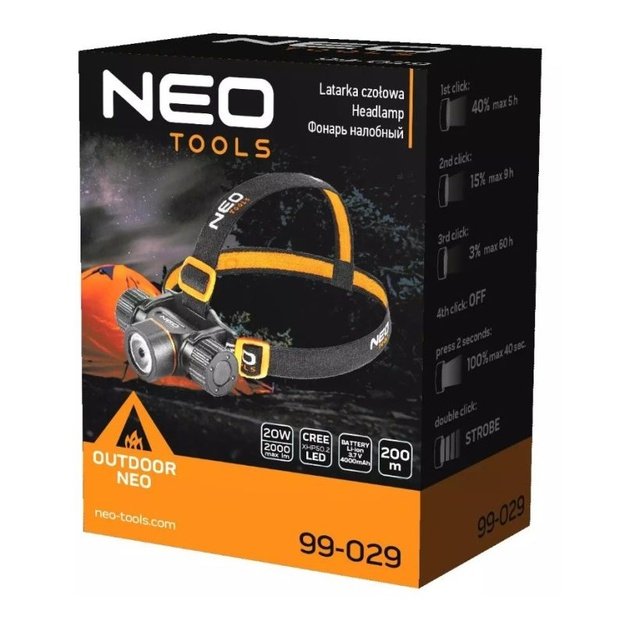 NEO Tools galvos žibintuvėlis su nuimamu žibintu, 2000 lm, 4000 mAh