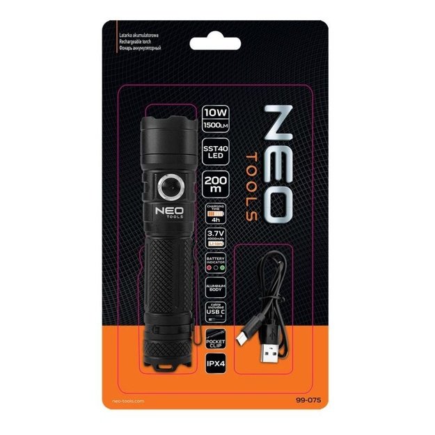 Įkraunamas žibintuvėlis su SST40 LED, 1500 lm, USB-C