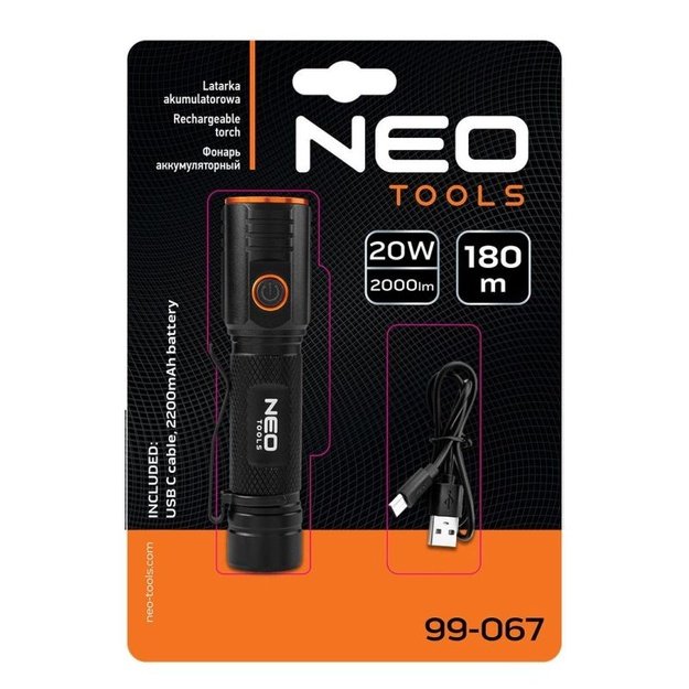 NEO Tools kompaktiškas įkraunamas žibintuvėlis, 2000 lm, USB-C, IPX6